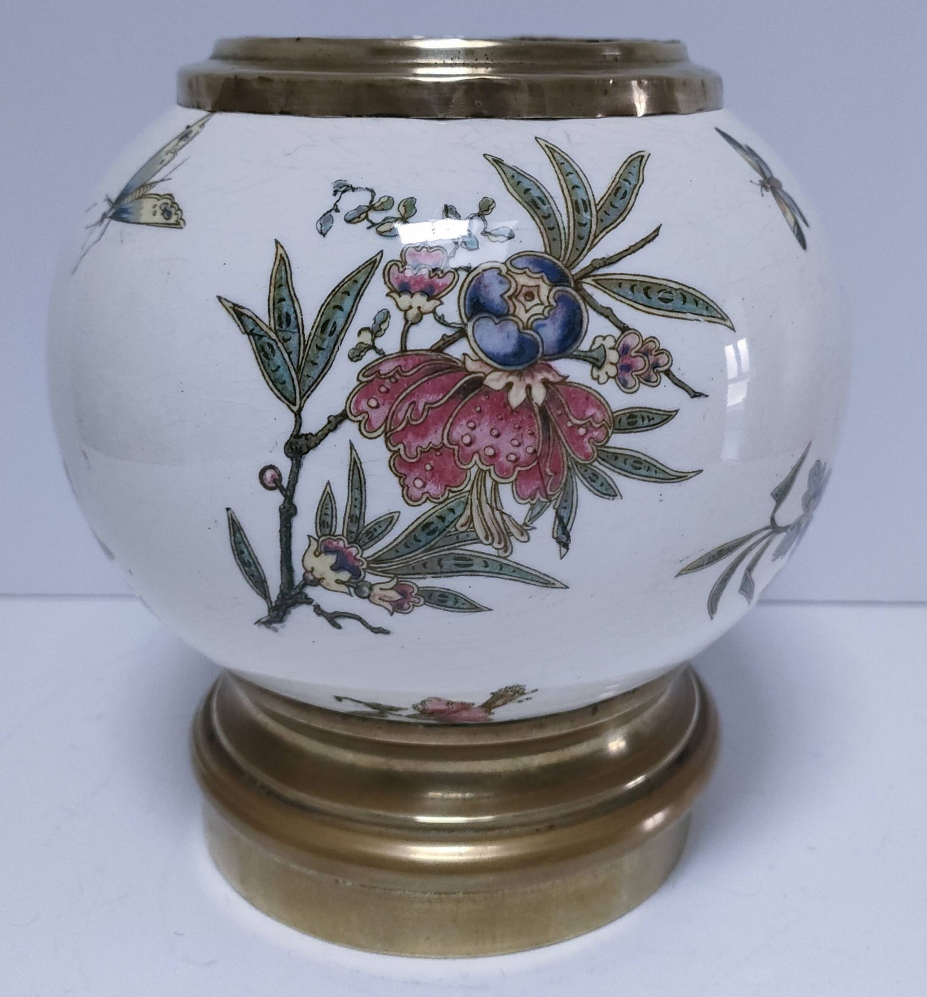 round vase earthenware brass decorated with flowers and insects early 20th century