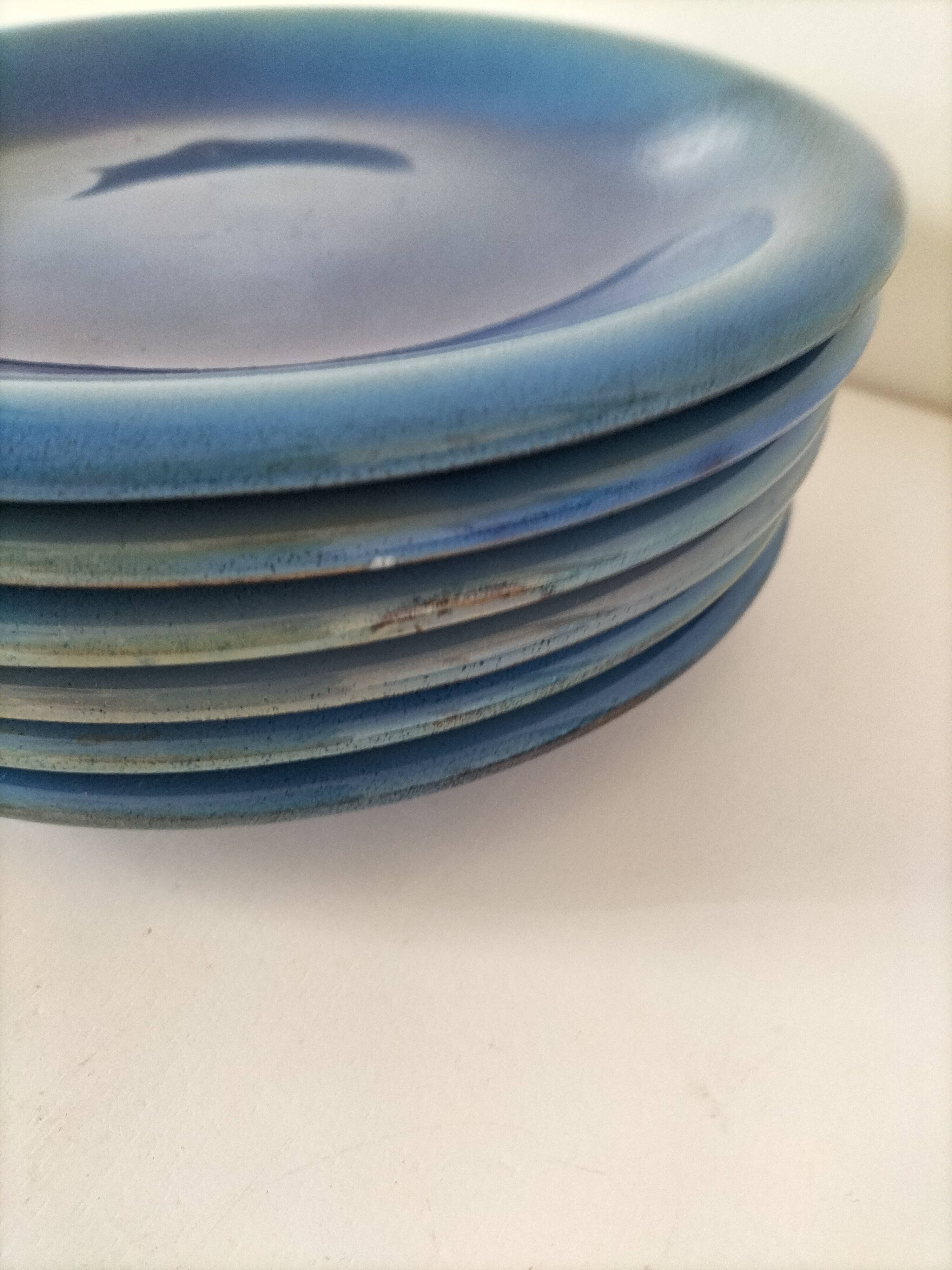 6 grandes assiettes plates en grès bleu cobalt et turquoise