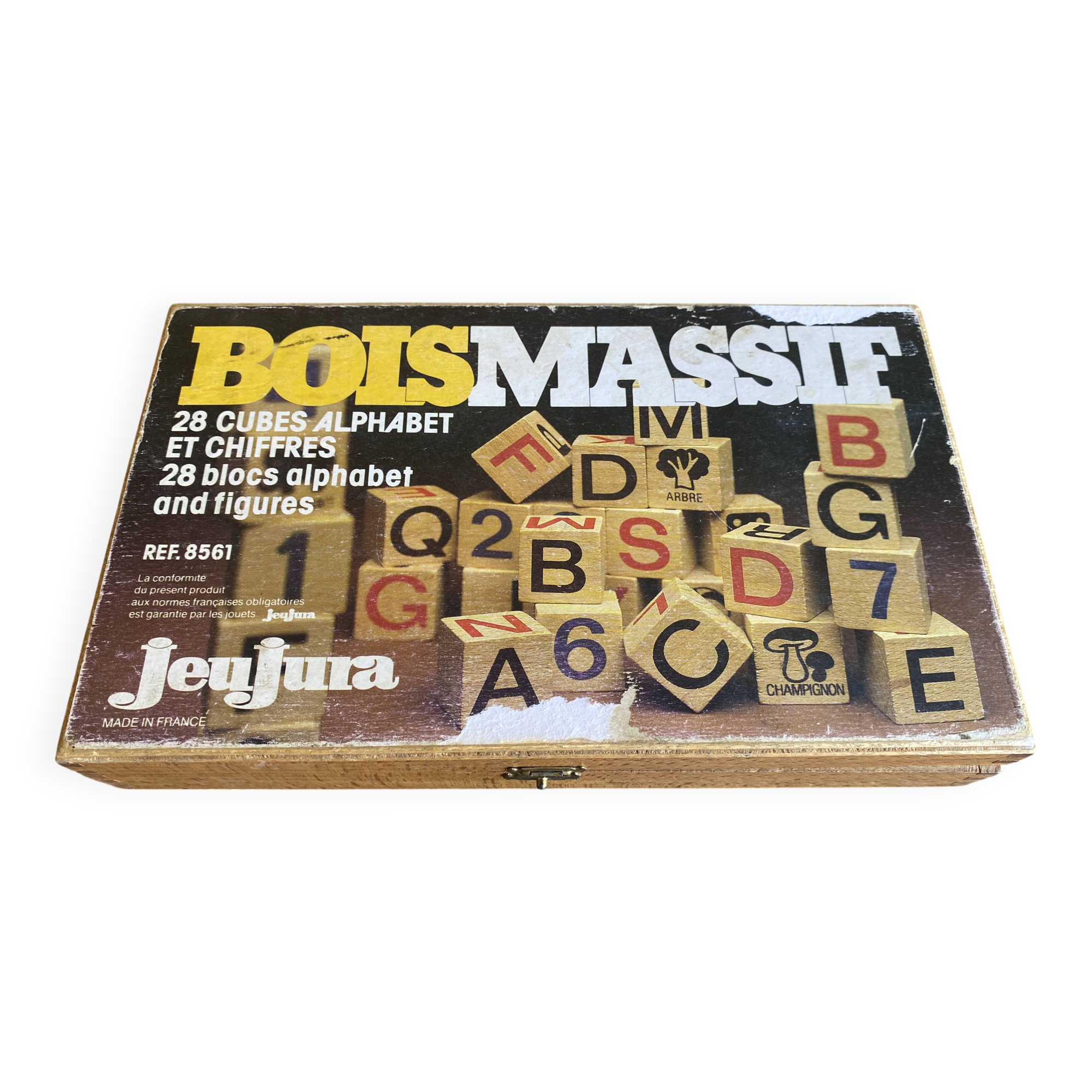 Jouet Jeu Ancien JEU JURA Bois Massif 28 Cubes + Boîte Origine Vintage