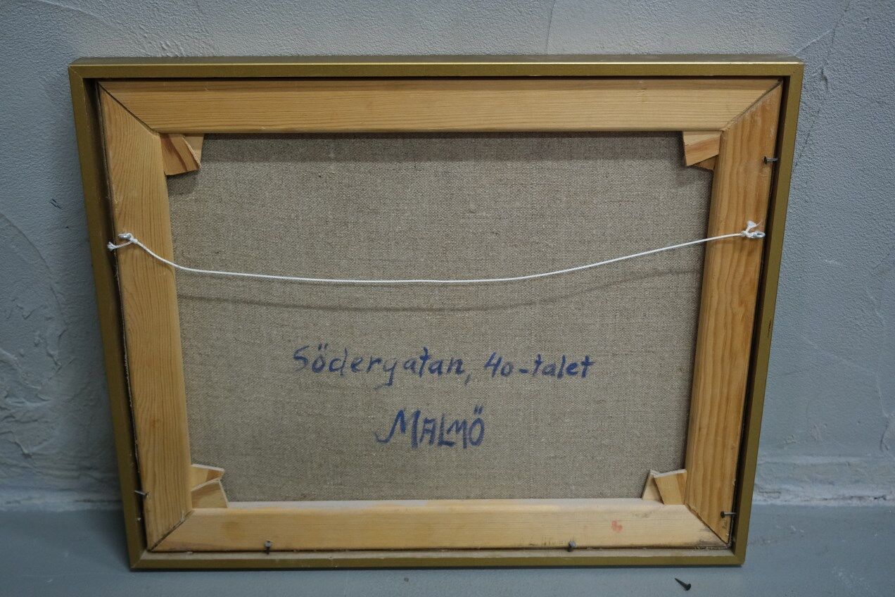 Swedish artist, scandinavian modern city landscape, 1970s, oil on canvas, signed,  framed