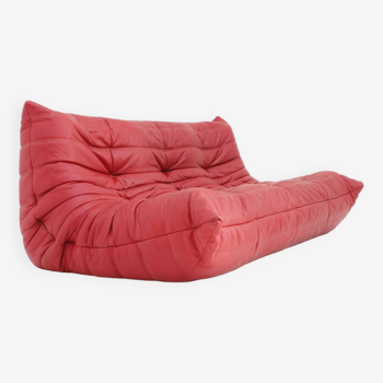 Original red leather Togo 3 seater sofa by Michel Ducaroy for Ligne Roset