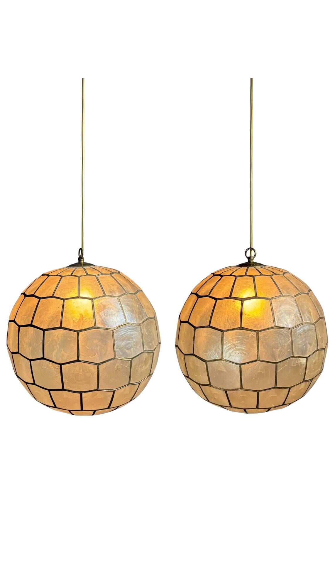 Pair midcentury mother of pearl Capiz large pendants, Feldman Lighting Co