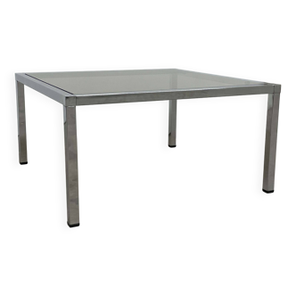 Square coffee table in chromed metal and smoked glass