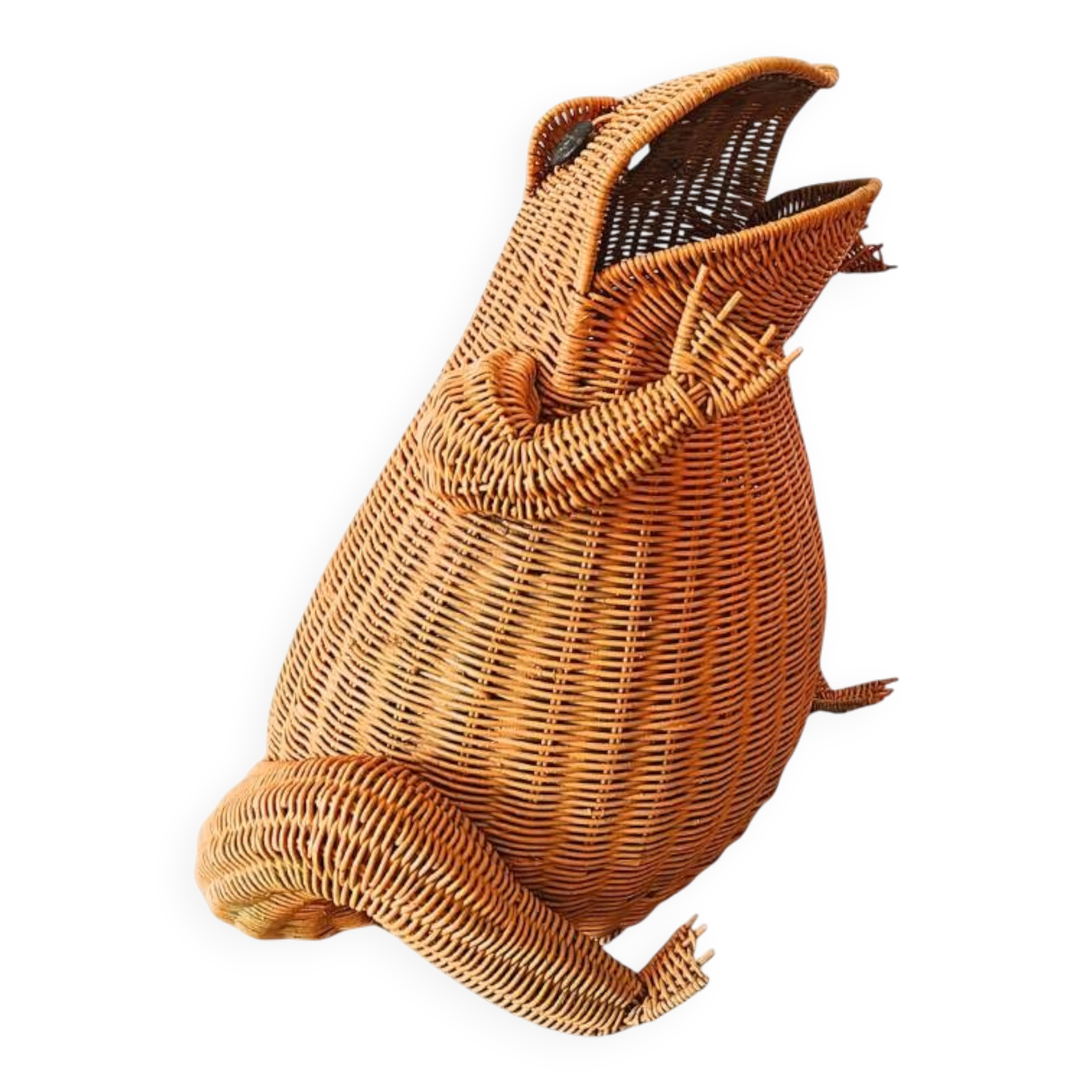 Vintage frog magazine rack in woven wicker design by Olivier Cajan