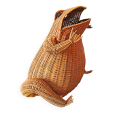Vintage frog magazine rack in woven wicker design by Olivier Cajan