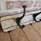 Solid teak coat hook with 4 double cast iron hooks