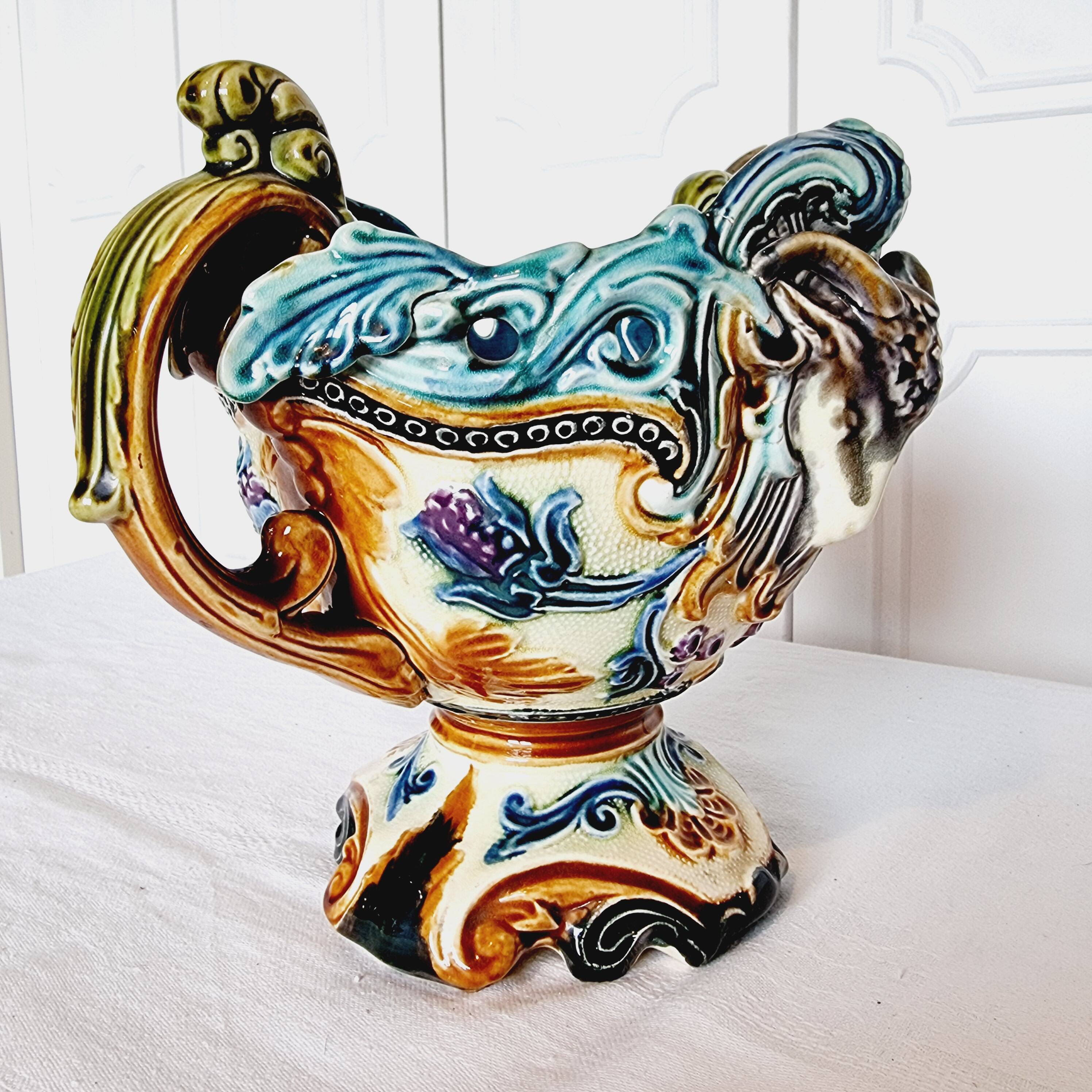 Vase Jardiniere Glass Planter from 1900 Antique Majolica Onnaing Barbonite Collection
