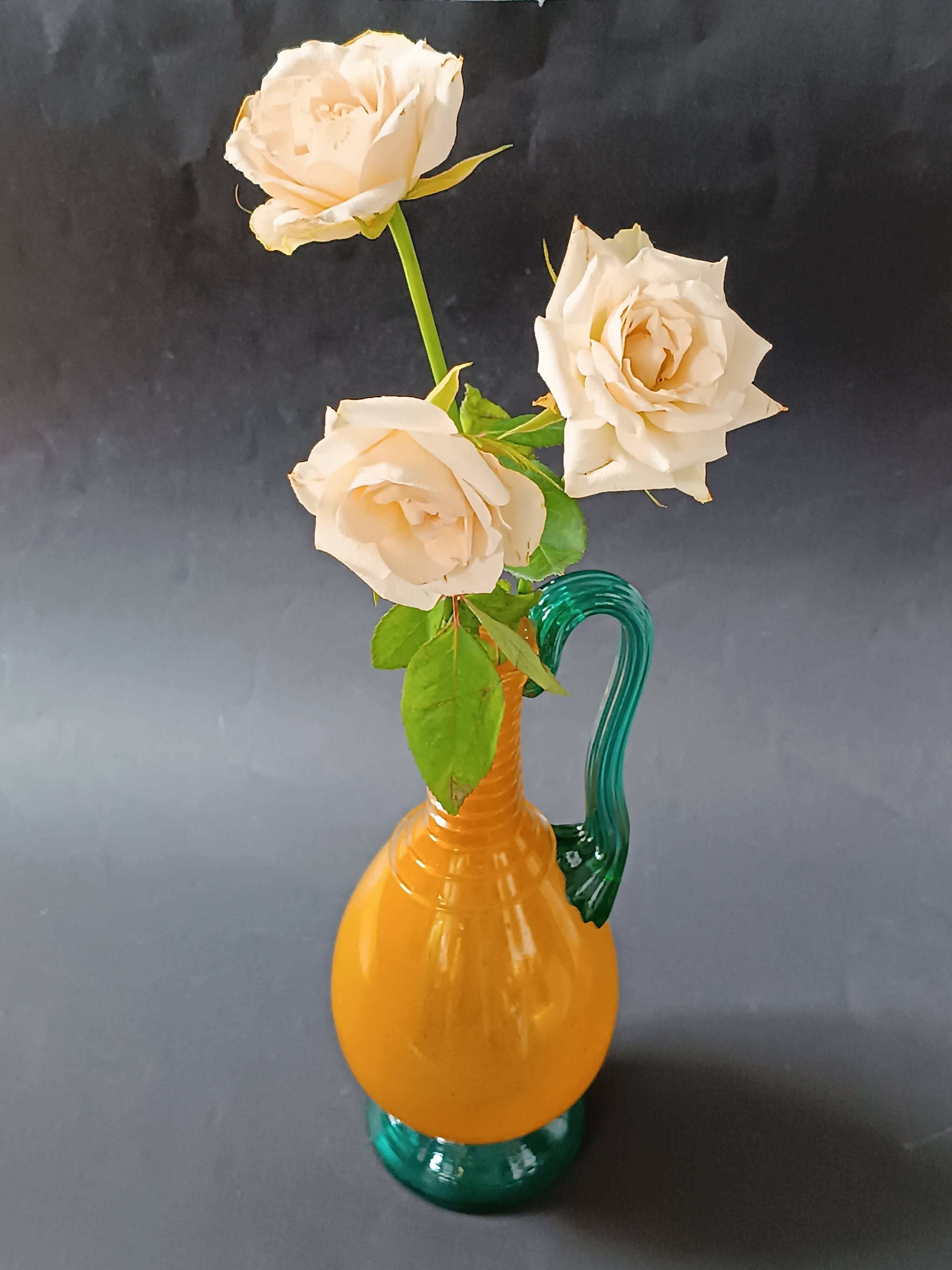 Vintage orange and green blown glass bottle, art glassware