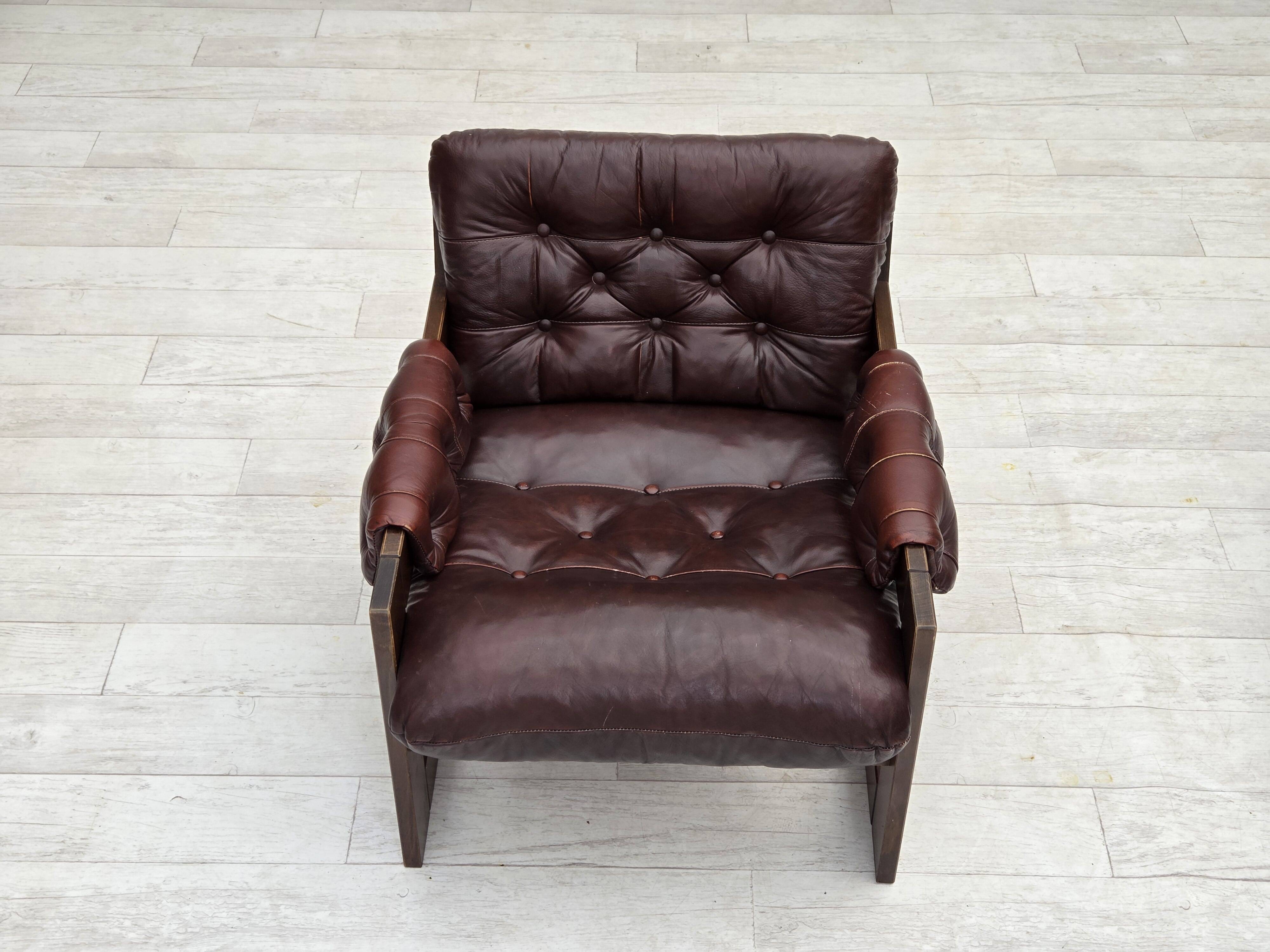 1970s, Scandinavian armchair, brown furniture leather, dark beech wood.