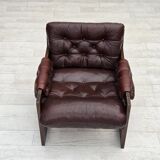 1970s, Scandinavian armchair, brown furniture leather, dark beech wood.