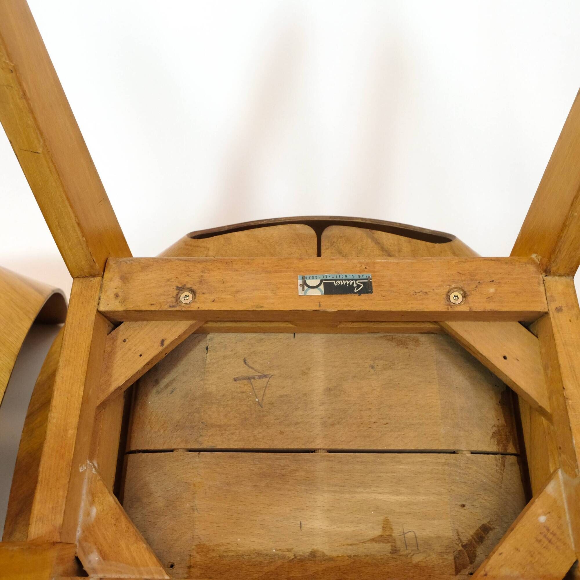 Set of 4 barrel chairs, wooden base, Pierre Guariche, Steiner, 1950s.