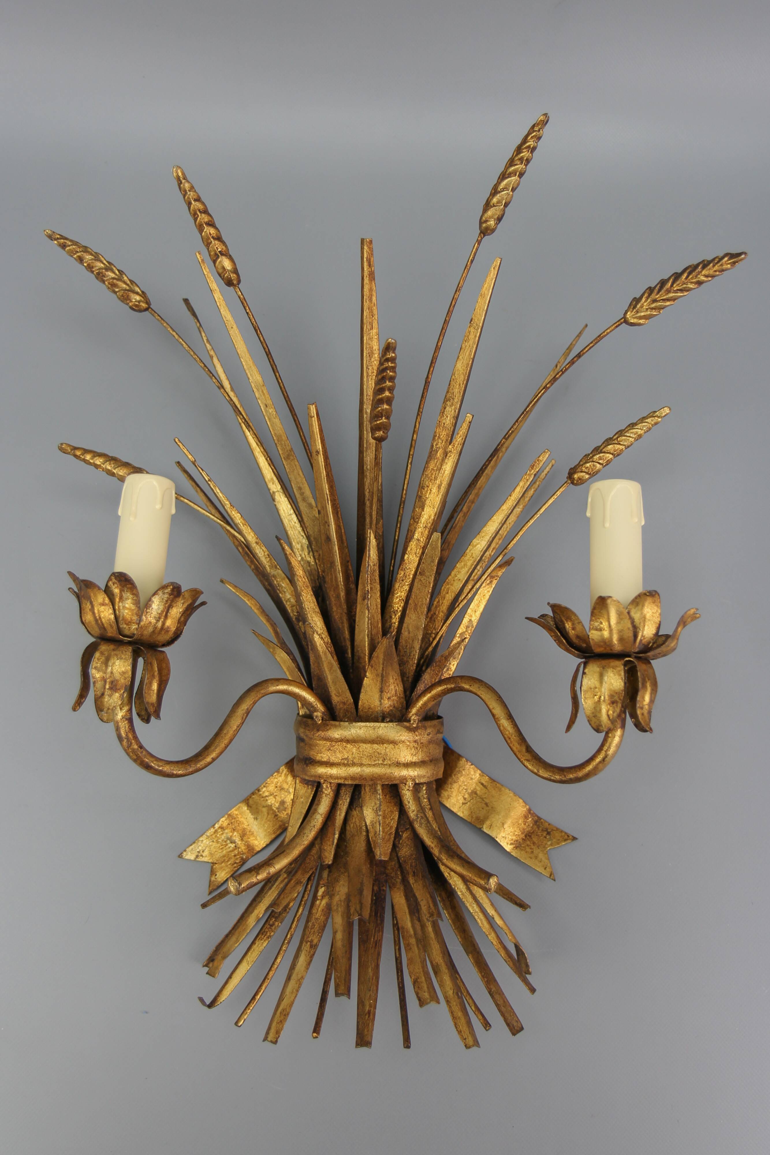 Gilt metal wheat sheaf two-light wall sconce