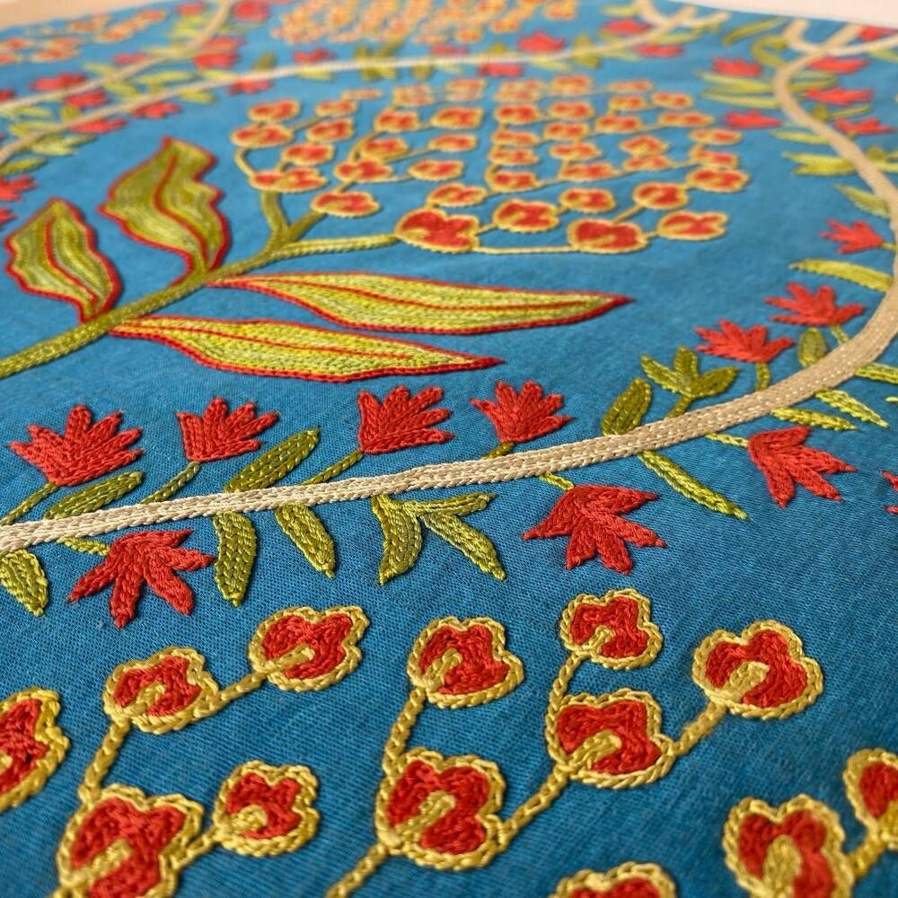 Silk Embroidered Floral Cushion Cover. Blue Throw Pillow Case. Traditional Uzbek Accent Pillow.