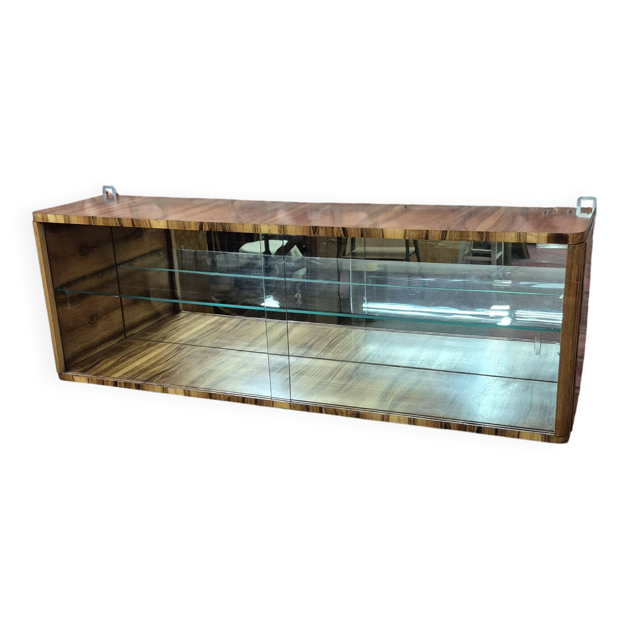 Wall-Mounted Walnut Display Cabinet with Mirrored Back – Upcycled 1960s Mid