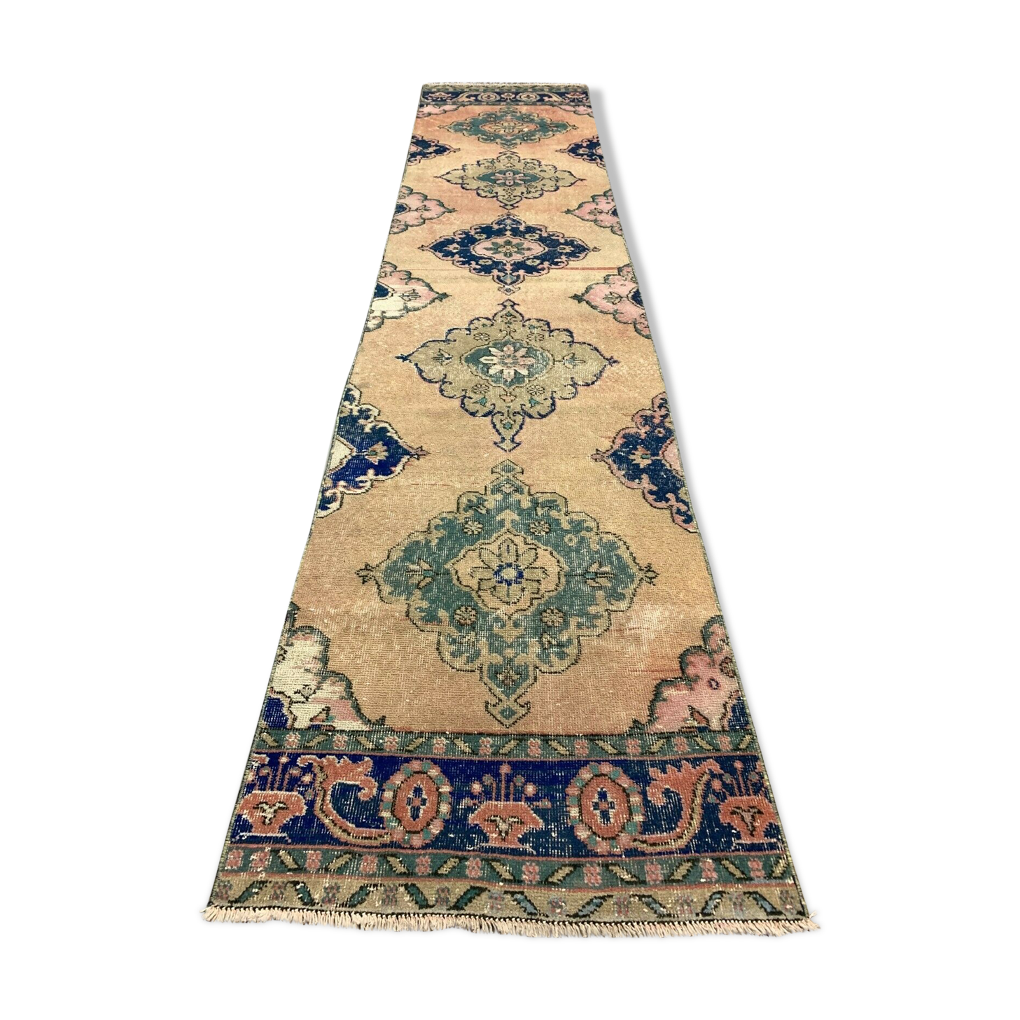 Distressed Turkish Runner 370x86 cm wool Vintage Tribal Rug Black Pink Beige