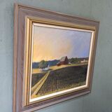1992 Vintage Modernist Swedish "Sunset Fields" Rural Landscape Oil Painting, Framed