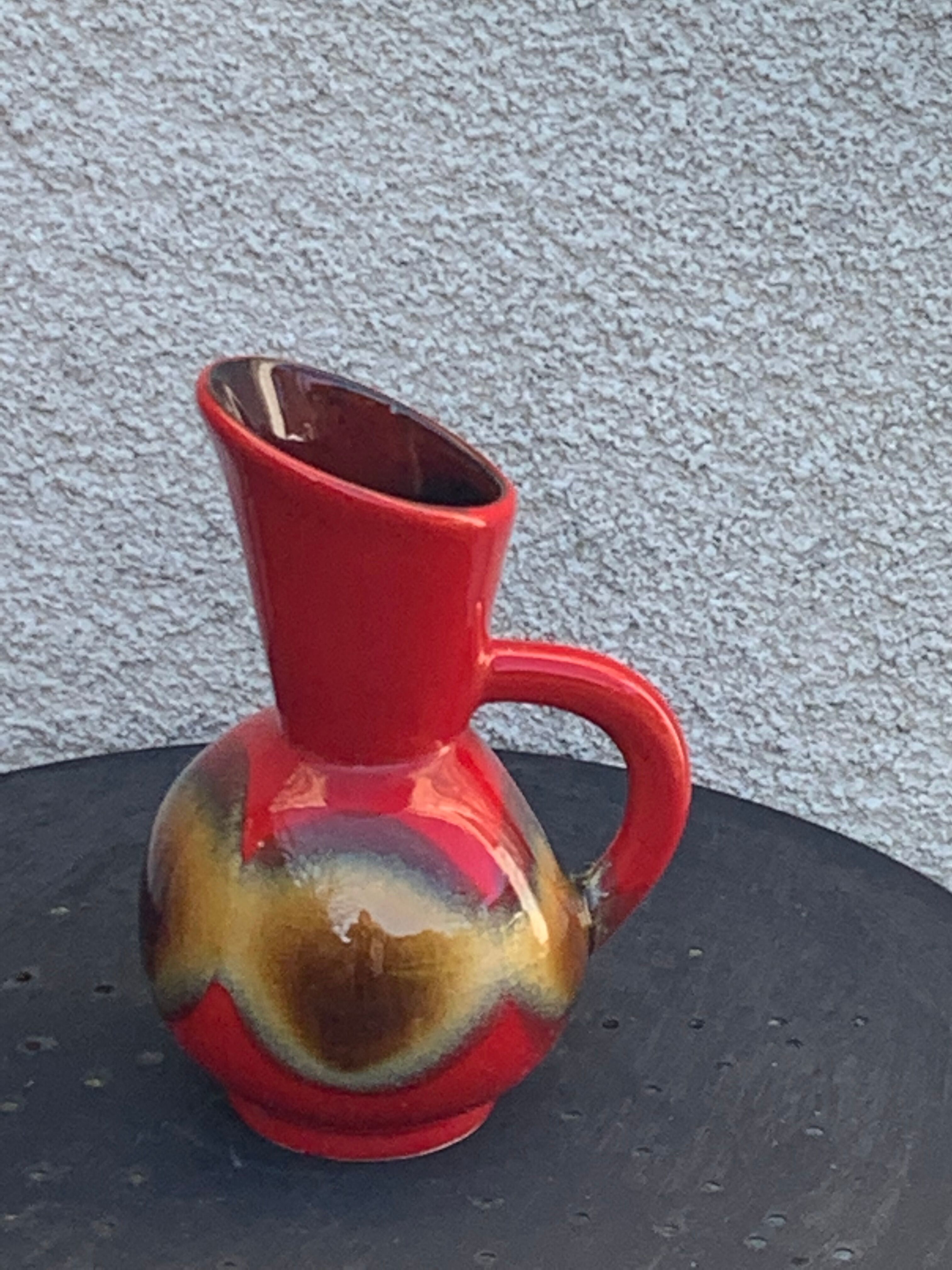 Red and beige glazed ceramic jug, pitcher, carafe, designer and vintage