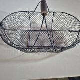 Vintage navy blue metal basket with wooden handle