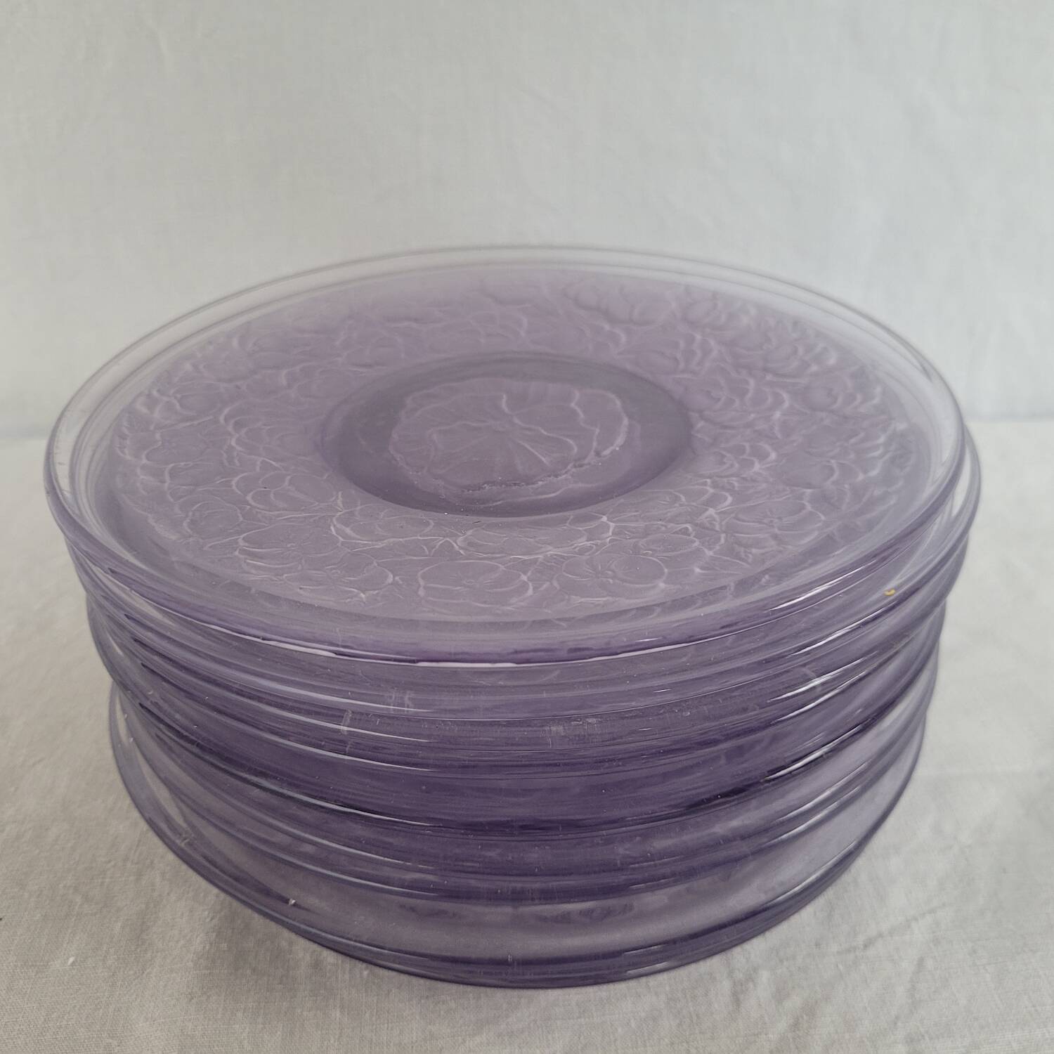 Moulded glass dessert plates – floral pattern – 1930s–1950s