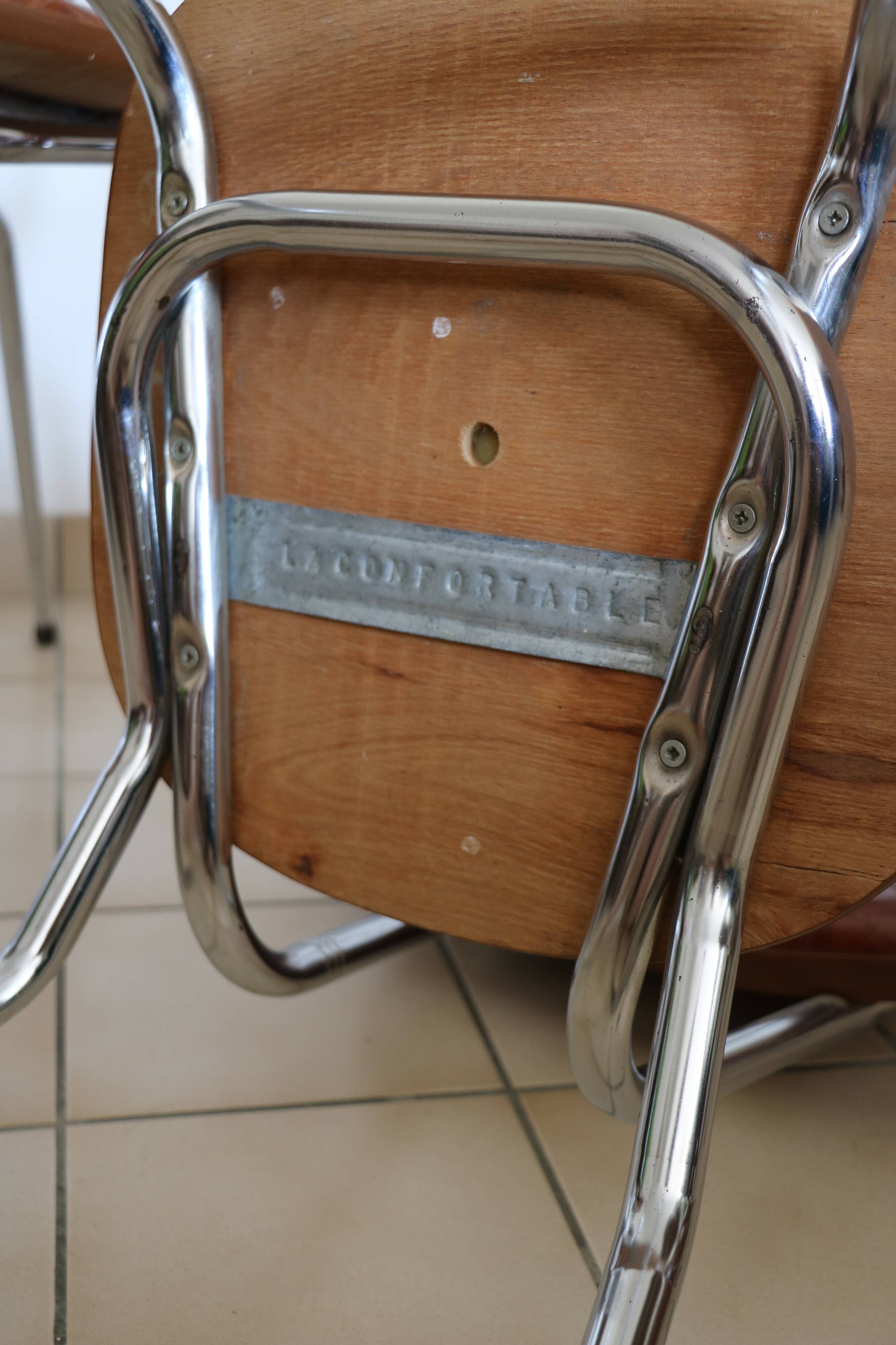 6 brown skai and chrome steel chairs