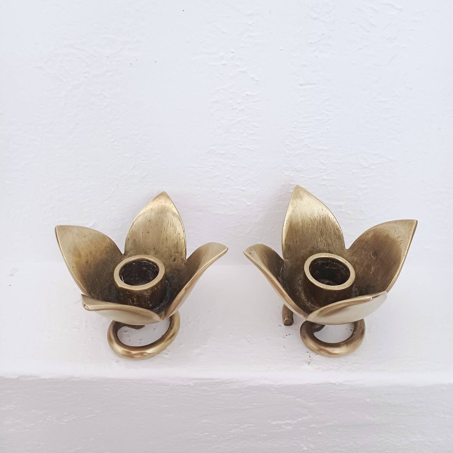 Pair of Solid Brass Tulip Candle Holders – Handcrafted 1970s
