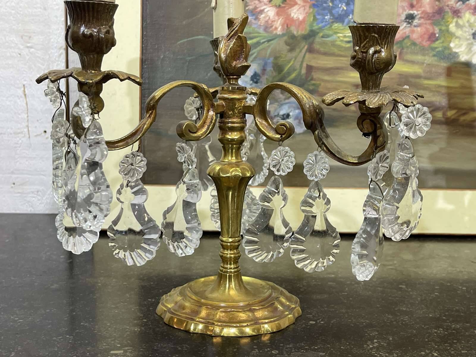 Pair of bronze chandeliers with crystal drops from the 1960s