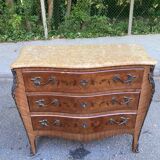 Curved Louis XV chest of drawers in marquetry and beige marble