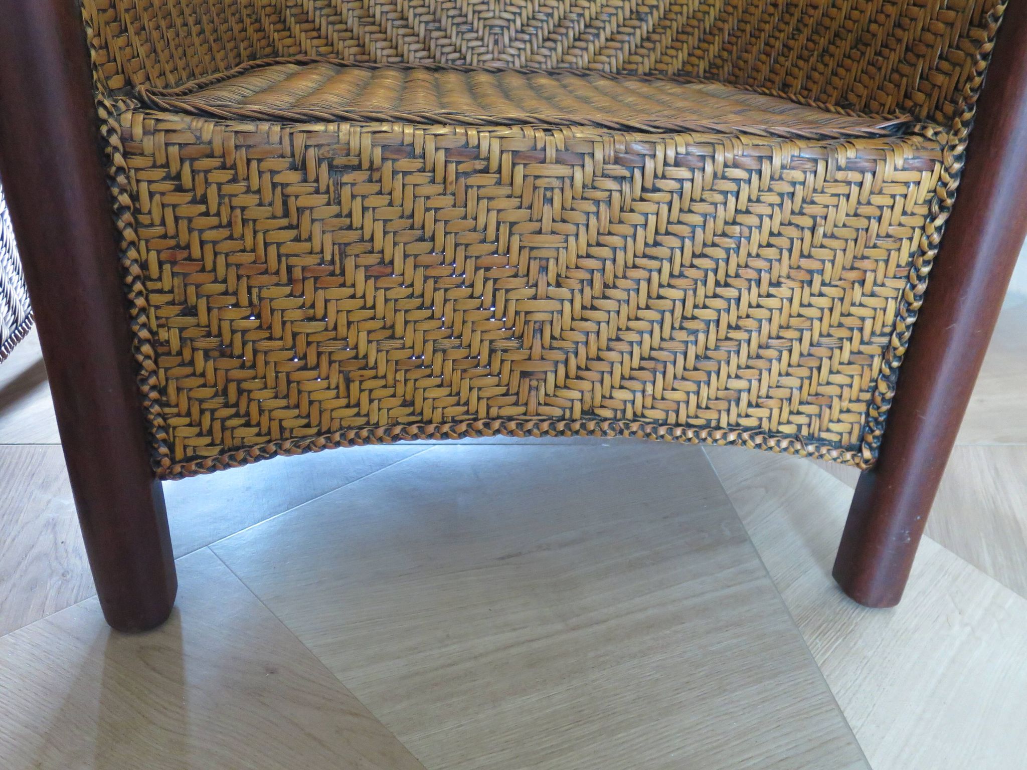 Set of 2 armchairs in woven rattan and exotic wood, 1980s