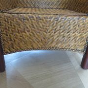Set of 2 armchairs in woven rattan and exotic wood, 1980s