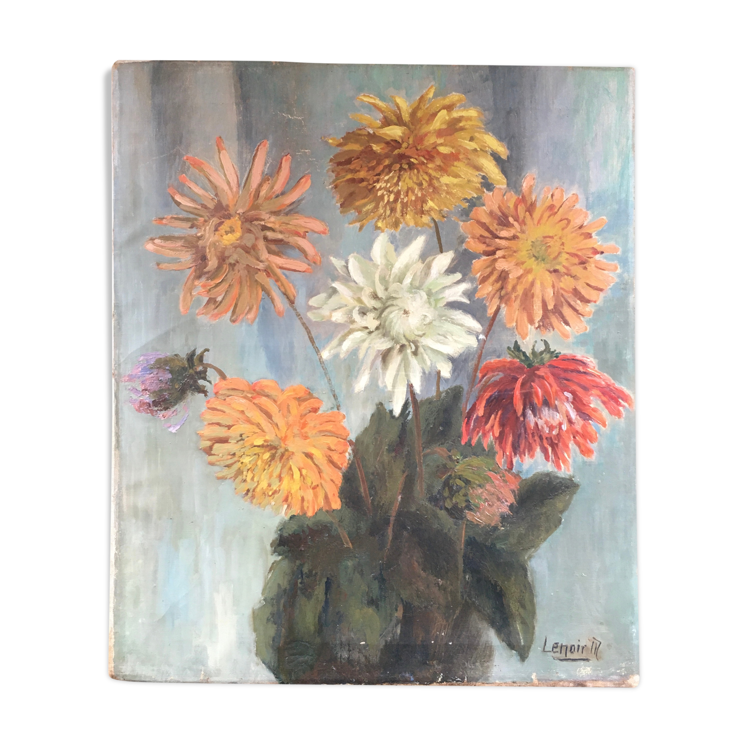 Ancient painting bouquet of dahlias