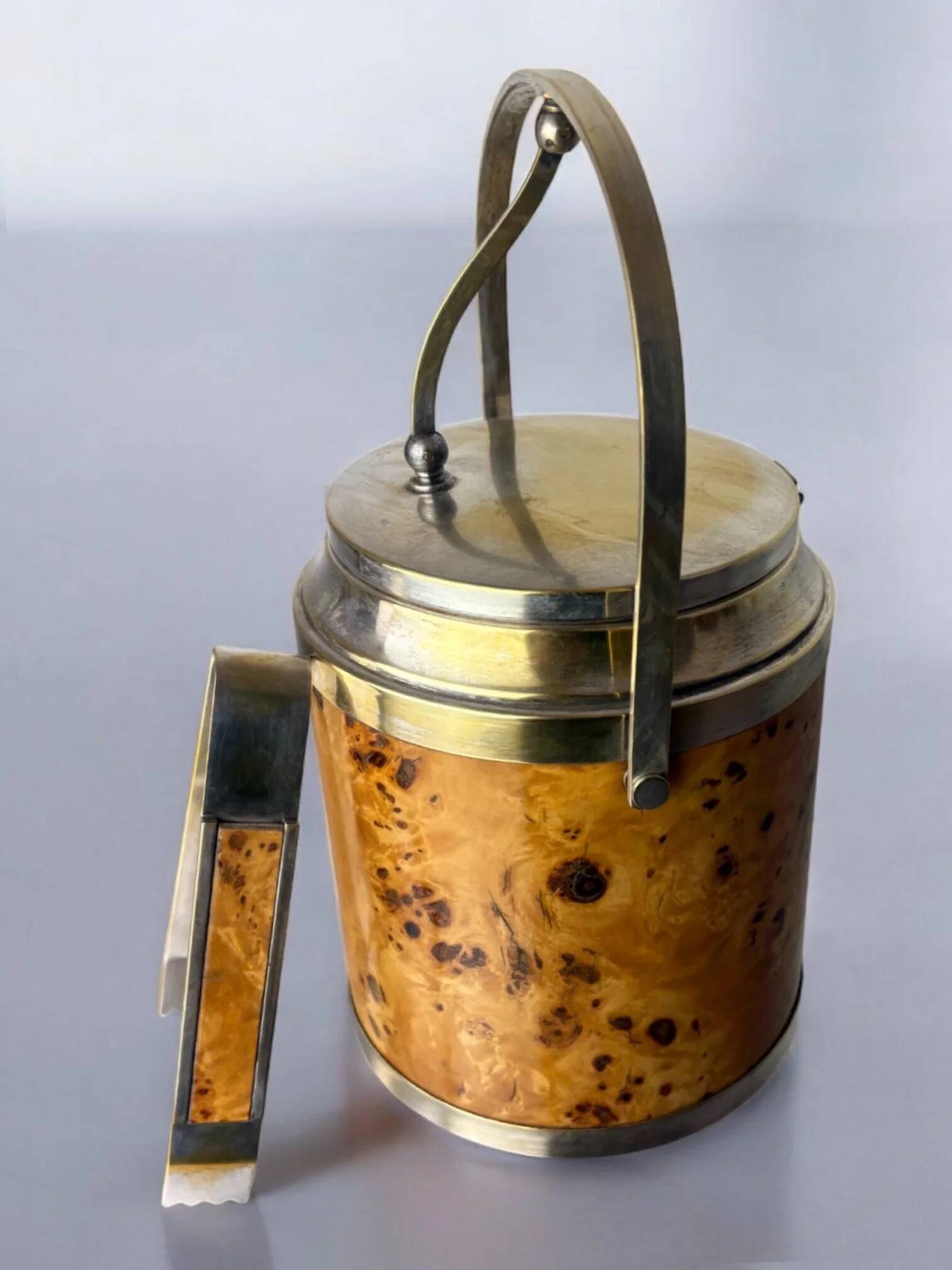 Lucite burl wood & brass ice bucket with tongs, Italy, 1970