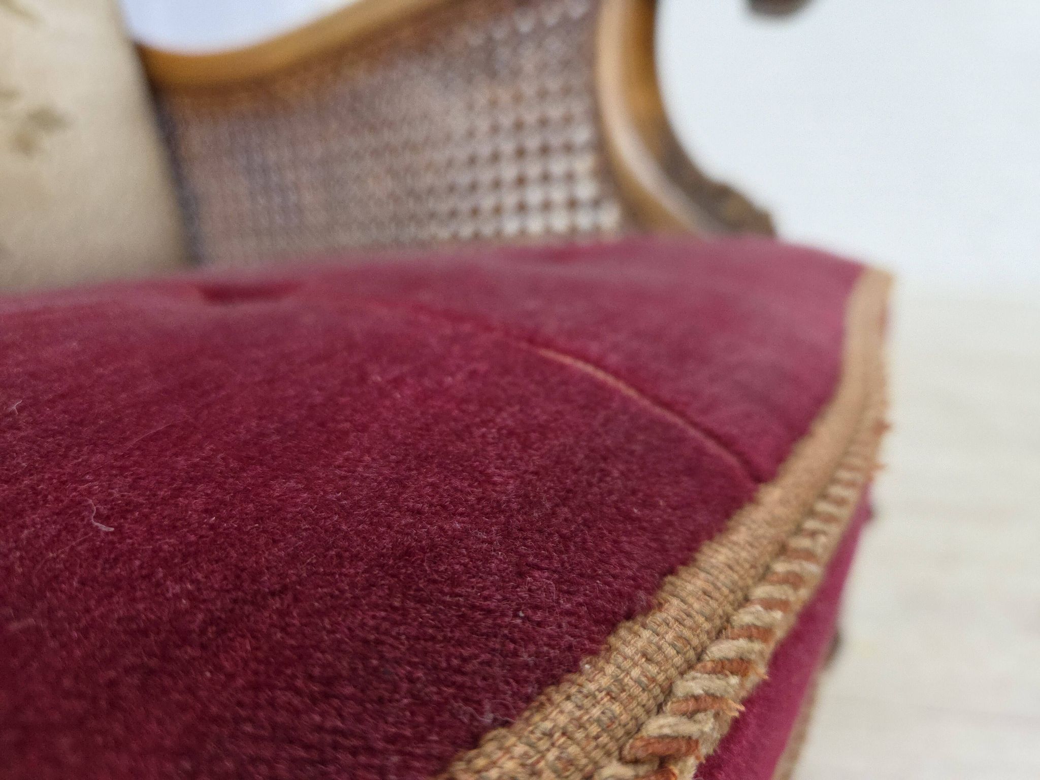 1930s, Danish 3-seater sofa, red furniture velour, furniture mesh.
