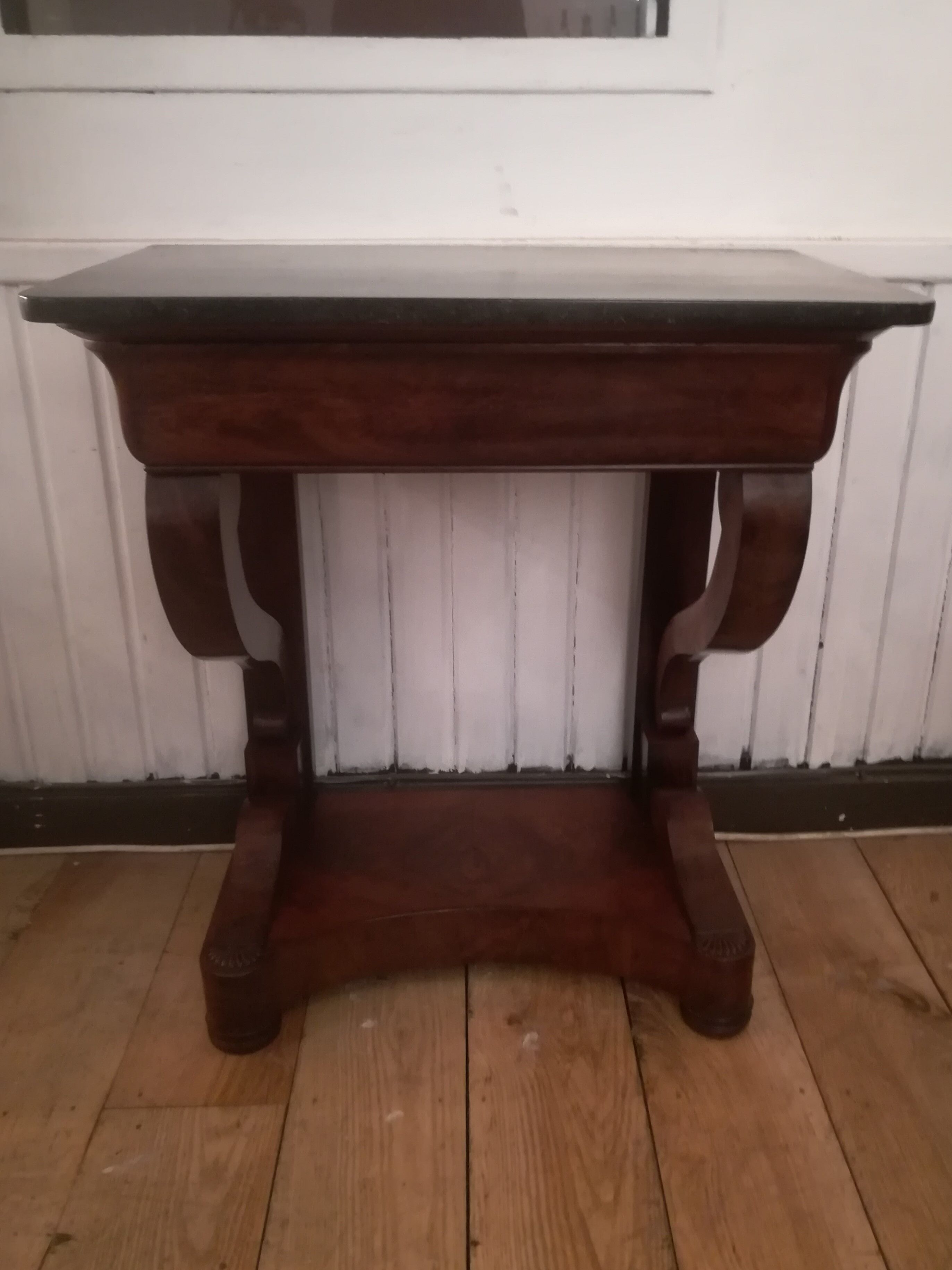 Consoles pair restoration in mahogany and black granite
