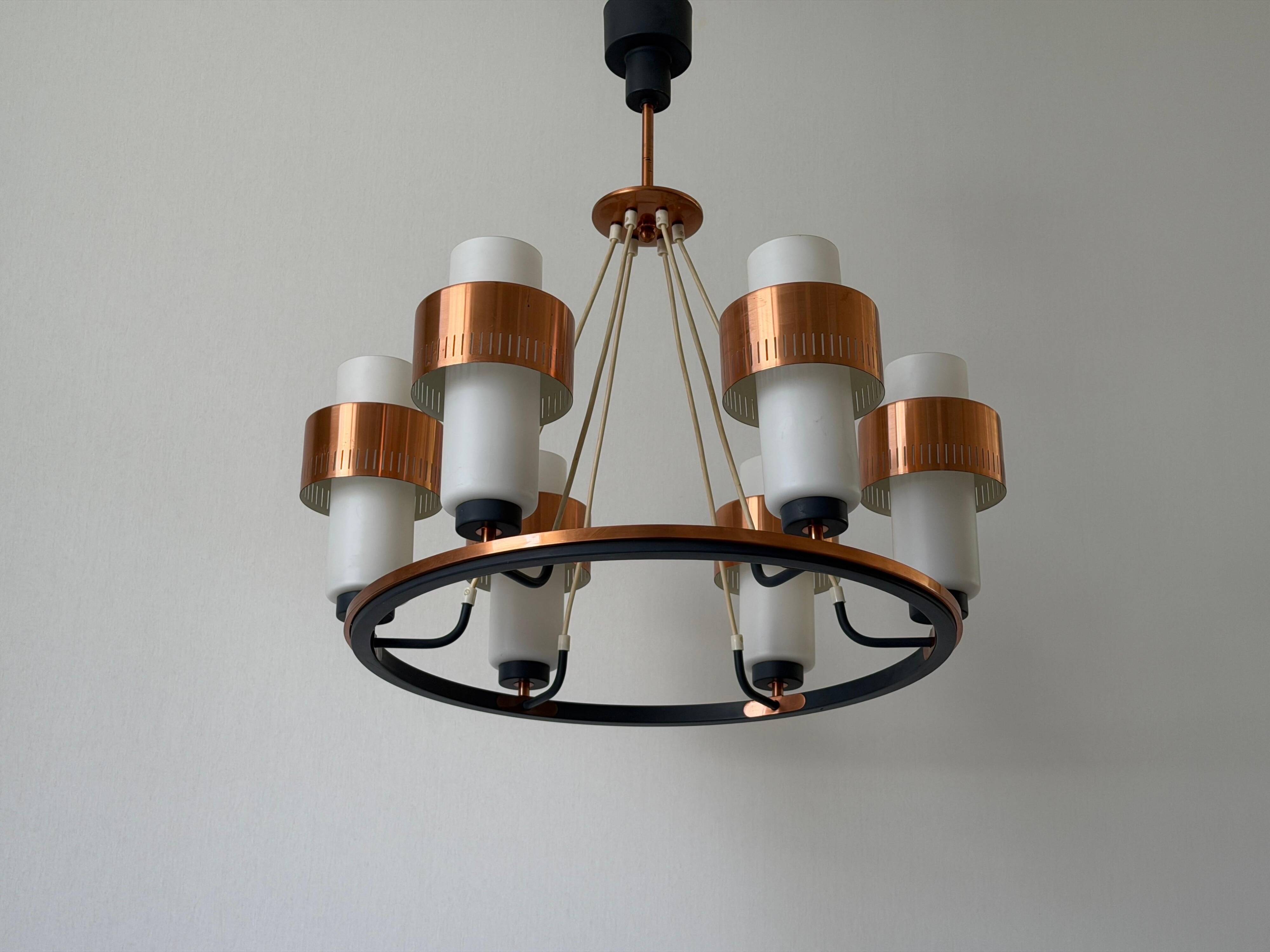 Large ceiling light with 6 arms in copper metal and glass, 1960s, Germany