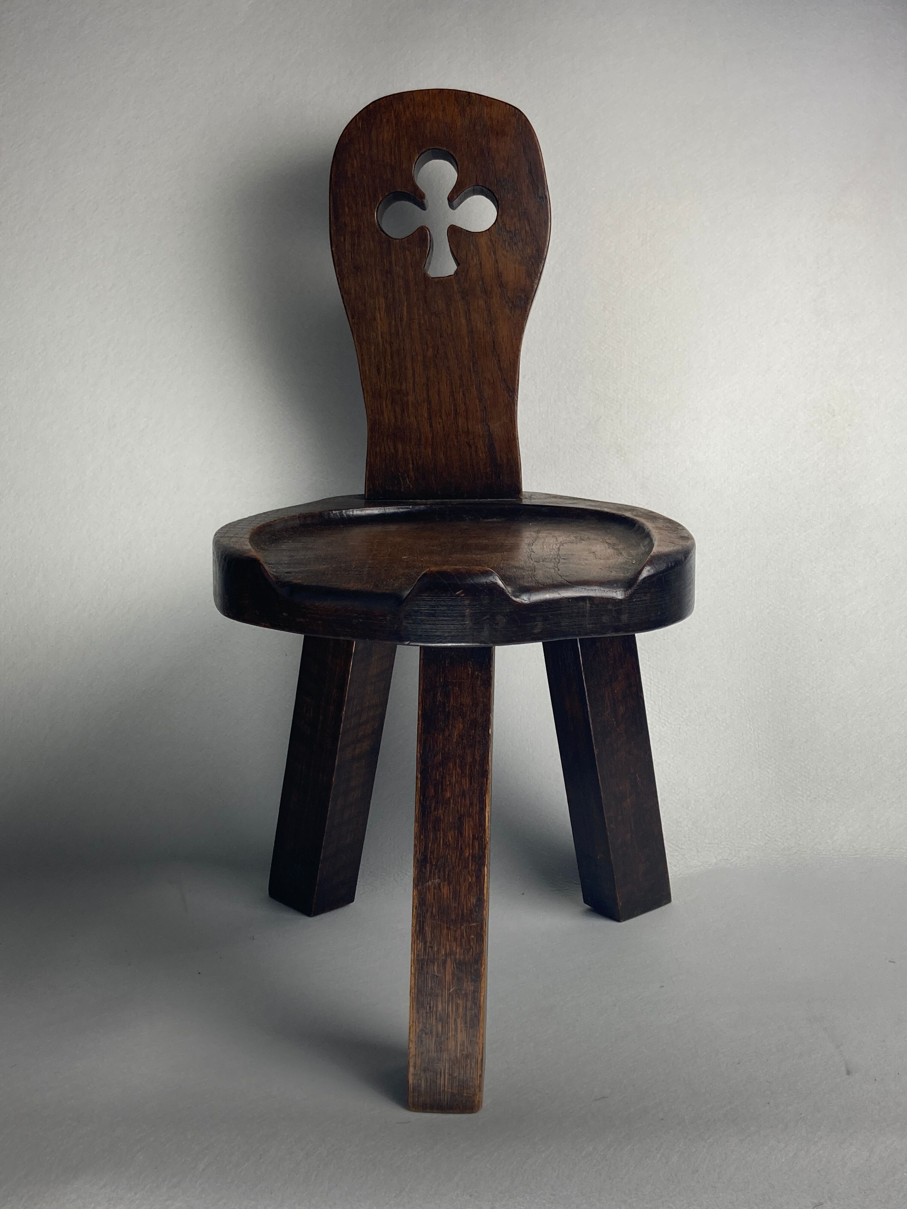 Sculptural oak brutalist chunky tripod stool, ca 1960s