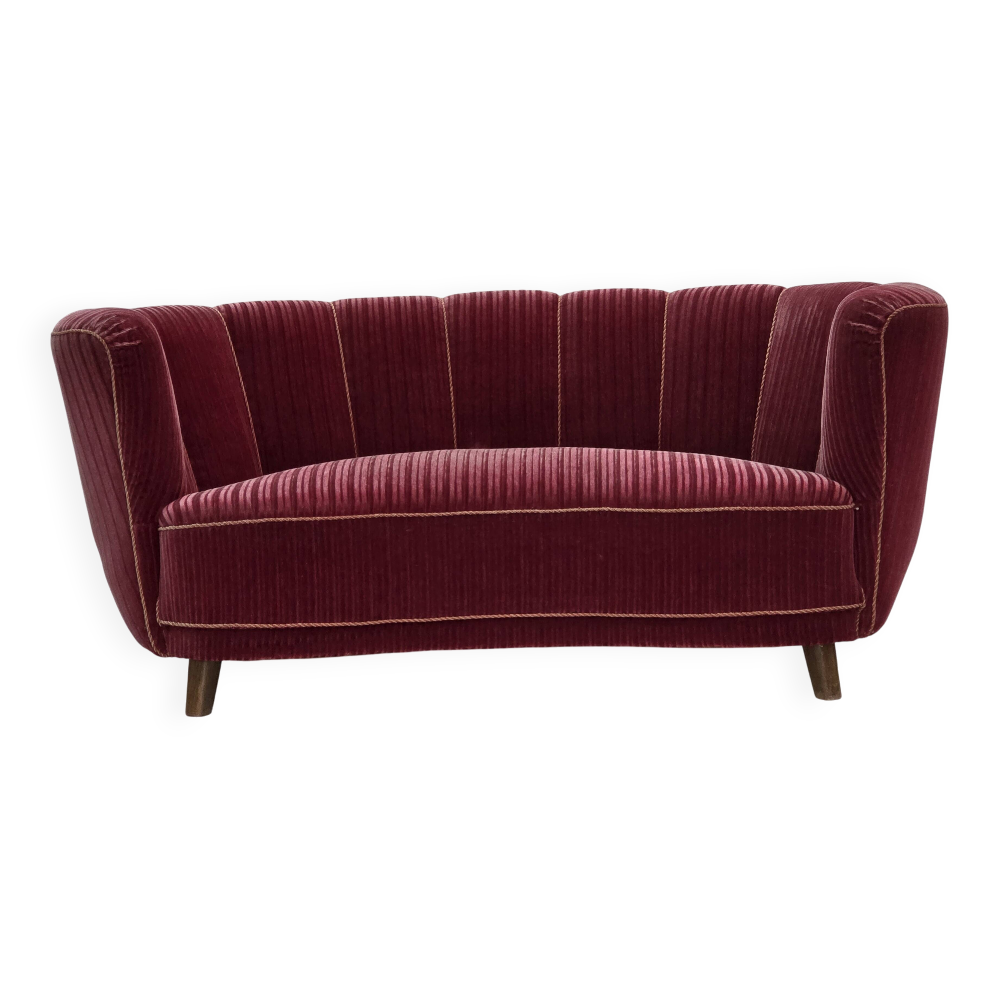 1960s, Danish 2-seater "Banana" sofa, red furniture velour, oak wood.