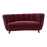 1960s, Danish 2-seater "Banana" sofa, red furniture velour, oak wood.