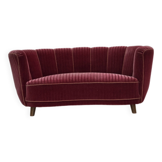 1960s, Danish 2-seater "Banana" sofa, red furniture velour, oak wood.