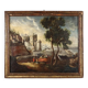 Old painting of a landscape with buildings, oil on canvas, 18th century.