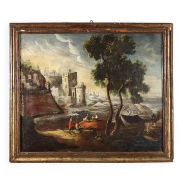 Old painting of a landscape with buildings, oil on canvas, 18th century.