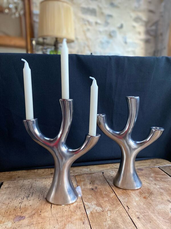 Bougeoirs argentés en forme d arbre 3 branches