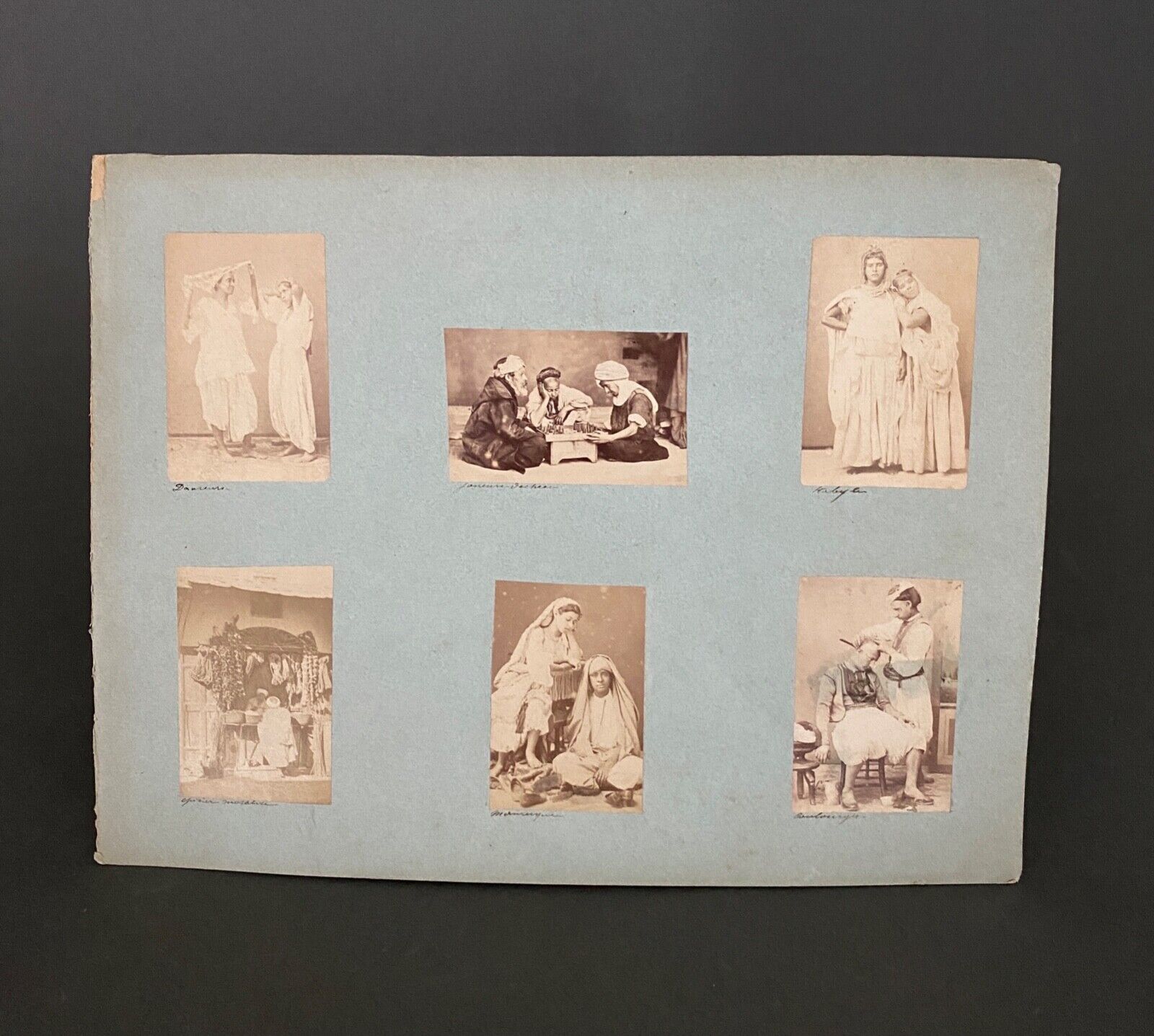 6 old photographs dancers chess players Kabyles grocery store