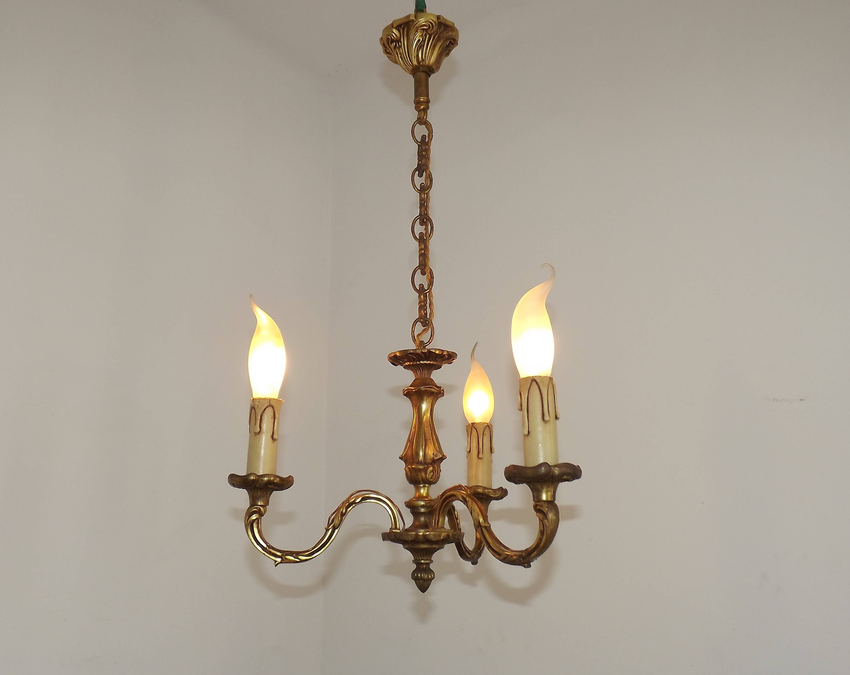 French Antique Art Nouveau Style 3-Light Quality Bronze Chandelier