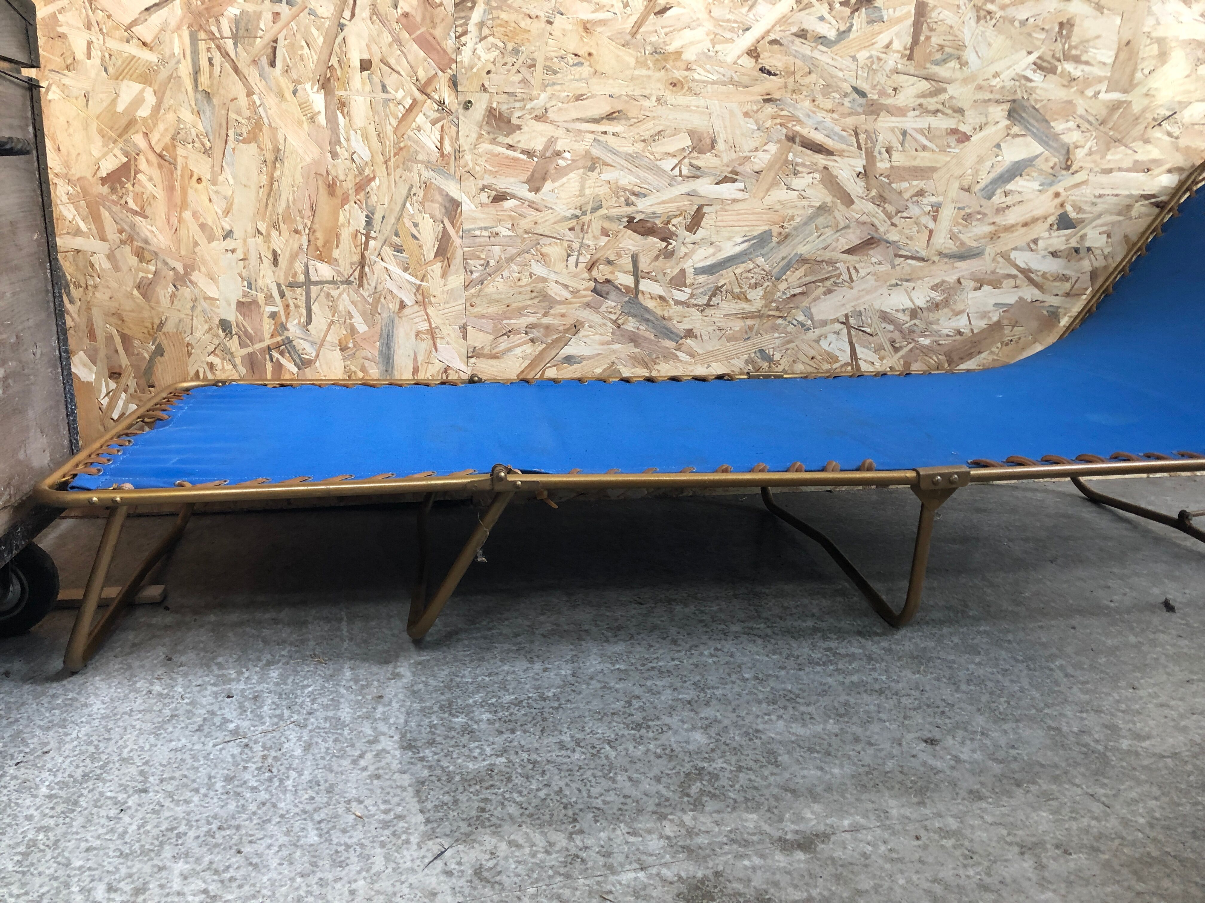 Old folding bed chantazur lafuma metal + fabric blue head adjustable vintage