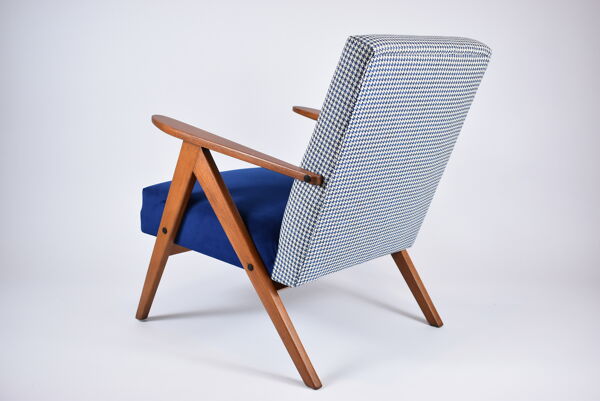 Fauteuil original restauré compas années 1960 velours bleu, pied de poule