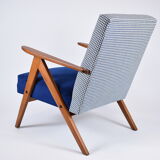 Fauteuil original restauré compas années 1960 velours bleu, pied de poule