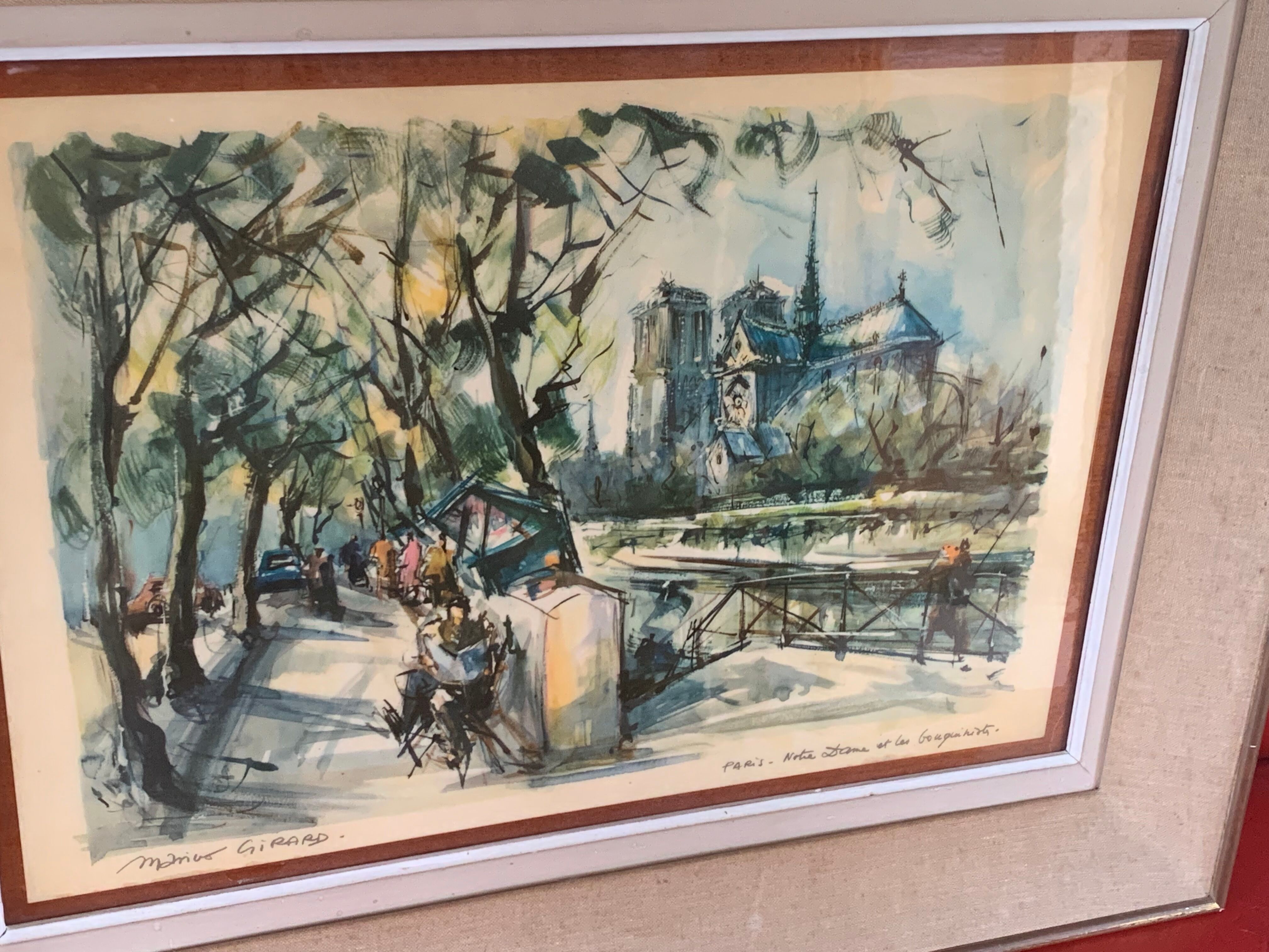 Lithograph notre dame et les bouquinistes signed by Marius Girard vintage