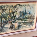 Lithograph notre dame et les bouquinistes signed by Marius Girard vintage
