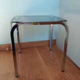 Square coffee table in chromed metal and smoked glass