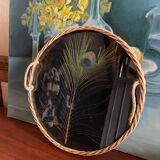 Vintage rattan tray with peacock feather